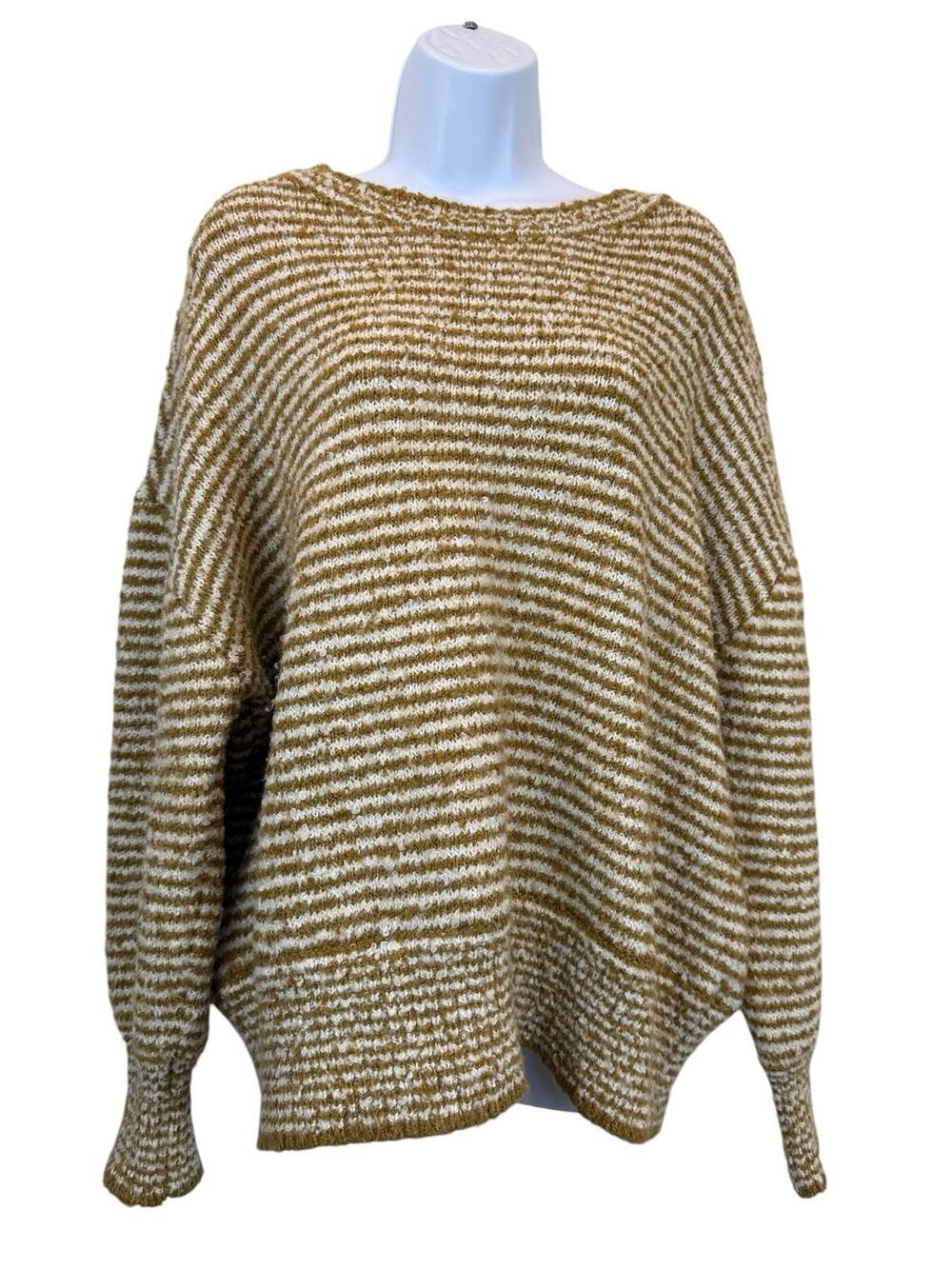 Saltwater LUXE Sweater Womens Large Tan White Striped Boucle Knit Oversized